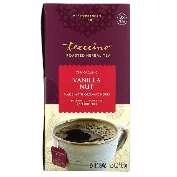 Teeccino‏, شاي الأعشاب المحمصة، نكهة البندق والفانيليا، خالٍ من الكافيين، 25 كيس شاي، 5.3 أونصة (150 جم)
