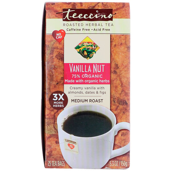 Teeccino, Травяной кофе, средняя обжарка, ваниль и орехи, без кофеина, 25 пакетиков, 5,3 унции (150 г)
