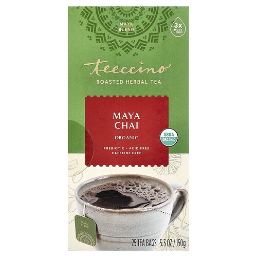 Teeccino Organic Roasted Herbal Tea Maya Chai Caffeine Free 25 Tea Bags 5.3 oz (150 g)
