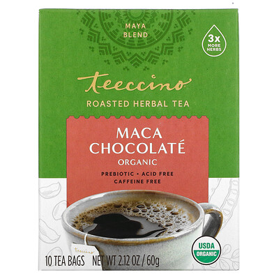 Teeccino Organic Roasted Herbal Tea, Maca Chocolate, Caffeine Free, 10 Tea Bags, 2.12 oz (60 g)