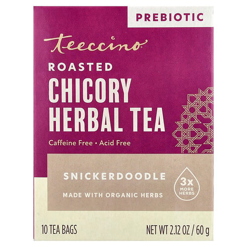 Teeccino, Prebiotic Roasted Chicory Herbal Tea, Snickerdoodle, Caffeine Free, 10 Tea Bags, 2.12 oz (60 g)