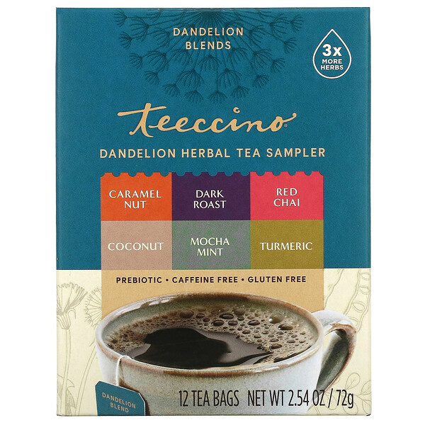 Teeccino‏, Dandelion Herbal Tea Sampler, 6 Flavors, Caffeine Free, 12 Tea Bags, 2.54 oz (72 g)