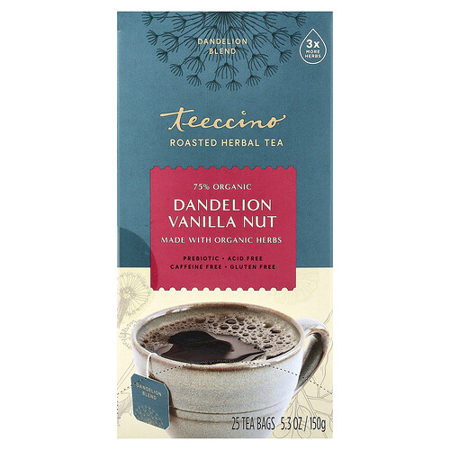 Teeccino, Roasted Herbal Tea, Dandelion Vanilla Nut, Caffeine Free, 25 Tea Bags, 5.3 oz (150 g)
