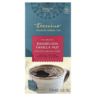 Teeccino, Té de hierbas tostadas, Diente de león y vainilla, Sin cafeína`` 25 bolsitas de té, 150 g (5,3 oz)
