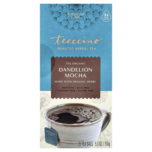 Teeccino, Roasted Herbal Tea, Dandelion Mocha, Caffeine Free, 25 Tea Bags, 5.3 oz (150 g)