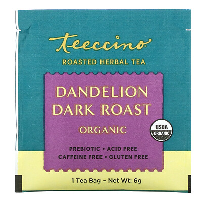 Teeccino Organic Roasted Herbal Tea, Dandelion Dark Roast, Caffeine Free, 10 Tea Bags, 2.12 oz (60 g)