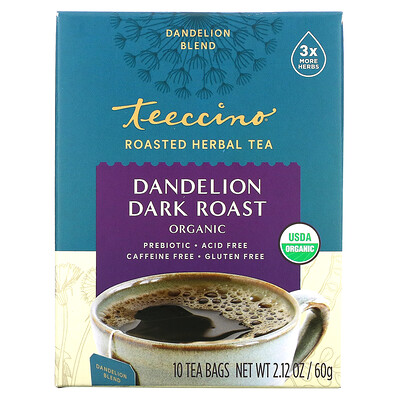 Teeccino Органический обжаренный травяной чай, темная обжарка с одуванчиком, без кофеина, 10 чайных пакетиков, 60 г (2,12 унции)