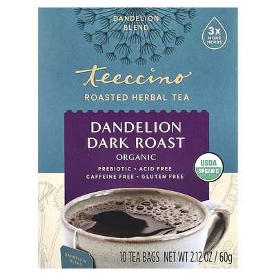 Teeccino  Organic Roasted Herbal Tea  Dandelion  Dark Roast  Caffeine Free  10 Tea Bags  2.12 oz (60 g)