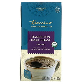 Teeccino, Organic Roasted Herbal Tea, Dandelion Dark Roast, Caffeine Free, 25 Tea Bags, 5.3 oz (150 g)