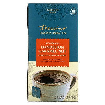 

Teeccino чай из обжаренных трав одуванчик карамель и орех без кофеина 25 чайных пакетиков 150 г (5 3 унции)