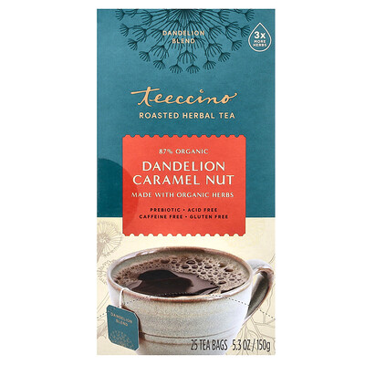 Teeccino  Roasted Herbal Tea  Dandelion Caramel Nut  Caffeine Free  25 Tea Bags  5.3 oz (150 g)