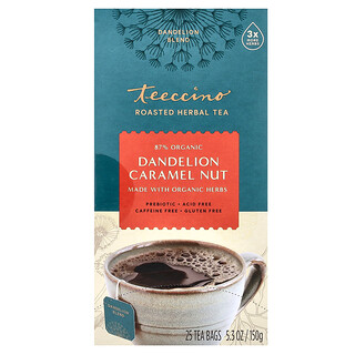 Teeccino, Café de hierbas tostadas, fruto seco, diente de león y caramelo, sin cafeína, 25 saquitos de té, 5,3 oz (150 g)
