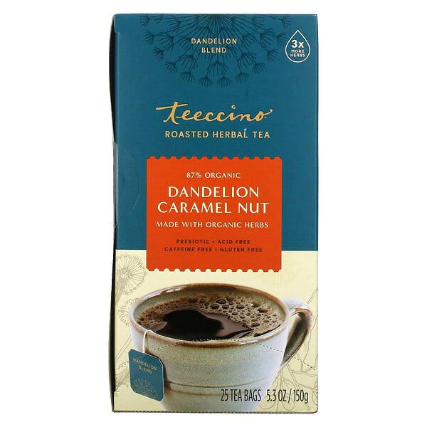 Teeccino, Roasted Herbal Tea, Dandelion Caramel Nut, Caffeine Free, gerösteter Kräutertee, koffeinfrei, Löwenzahn – Karamell – Nuss, 25 Teebeutel, 150 g (5,3 oz.)