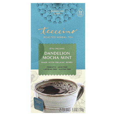 Teeccino  Roasted Herbal Tea  Dandelion Mocha Mint  Caffeine Free  25 Tea Bags  5.3 oz (150 g)
