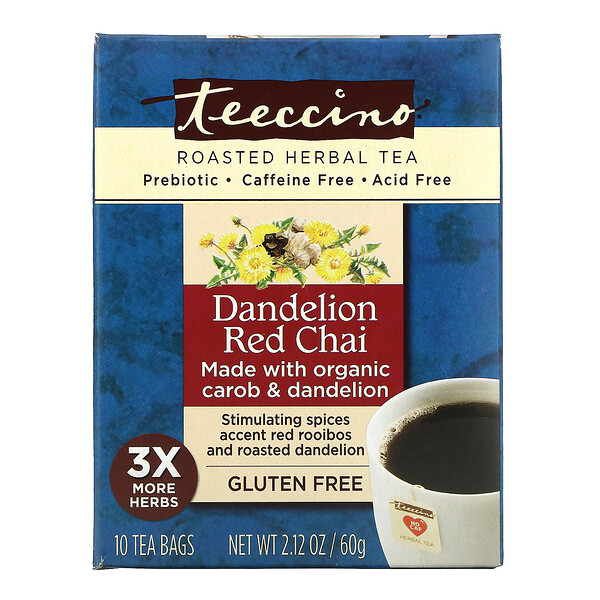 Teeccino‏, Chicory Herbal Tea, Dandelion Red Chai, Caffeine Free, 10 Tea Bags, 2.12 oz (60 g)
