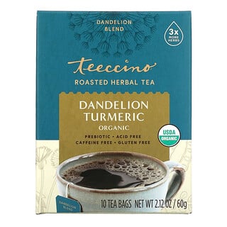 Teeccino, Organic Roasted Herbal Tea, Dandelion Turmeric, Caffeine Free, 10 Tea Bags, 2.12 oz (60 g)
