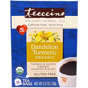 Teeccino, Органический травяной чай с цикорием, со вкусом одуванчика и куркумы, без кофеина, 10 чайных пакетиков, 2,12 унции (60 г)