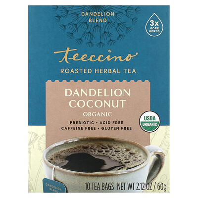 Teeccino Organic Roasted Herbal Tea Dandelion Coconut Caffeine Free 10 Tea Bags 2.12 oz (60 g)