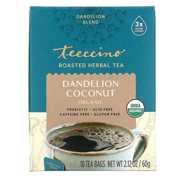 Teeccino‏, Organic Roasted Herbal Tea, Dandelion Coconut, Caffeine Free, 10 Tea Bags, 2.12 oz (60 g)