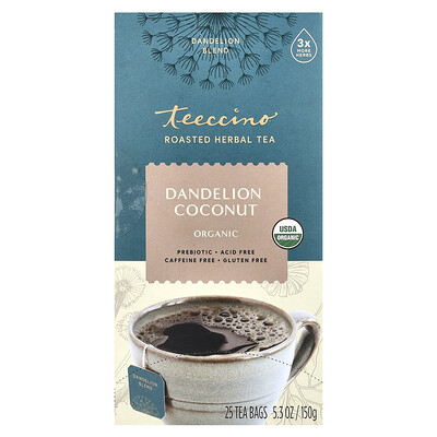 Teeccino Roasted Herbal Tea Dandelion Coconut Caffeine Free 25 Tea Bags 5.3 oz (150 g)