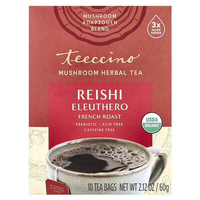 Teeccino  Mushroom Herbal Tea  Reishi Eleuthero  French Roast  Caffeine Free  10 Tea Bags  2.12 oz (60 g)