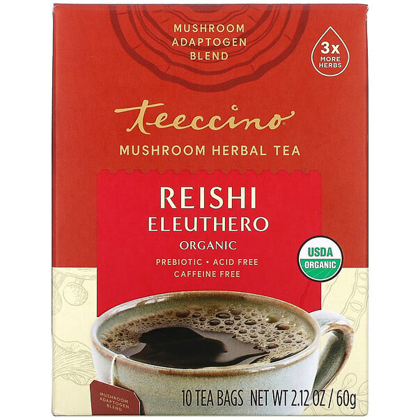 Teeccino, Mushroom Herbal Tea, Organic Reishi Eleuthero, Caffeine Free, 10 Tea Bags, 2.12 oz (60 g)