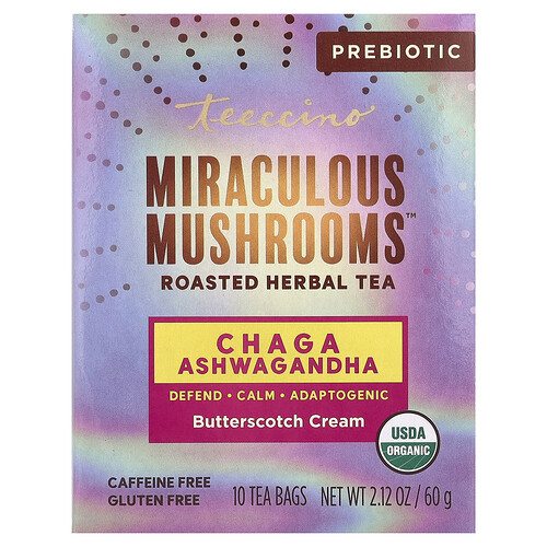 Teeccino Miraculous Mushrooms™, Roasted Herbal Tea, Butterscotch Cream, Caffeine Free, 10 Tea Bags, 2.12 oz (60 g)