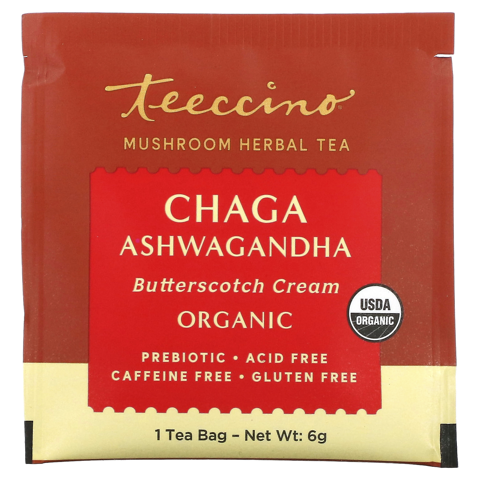 Teeccino, Mushroom Herbal Tea, Organic Chaga Ashwagandha, Caffeine Free