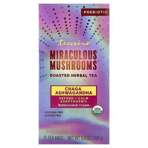 Teeccino, Organic Mushroom Herbal Tea, Chaga Ashwagandha, Butterscotch Cream, Caffeine Free, 25 Tea Bags, 5.3 oz (150 g)