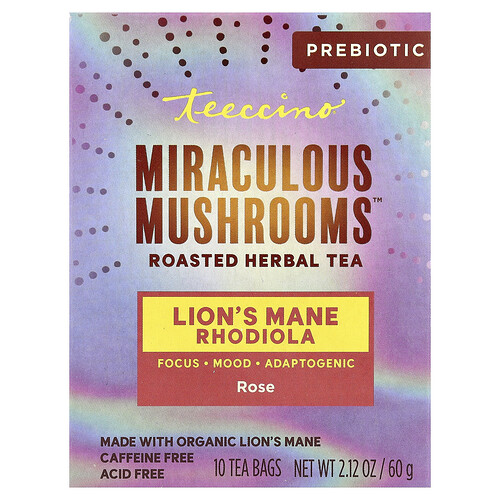 Teeccino, Miraculous Mushrooms™, Roasted Herbal Tea, Lion's Mane Rhodiola, Rose, Caffeine Free, 10 Tea Bags, 2.12 oz (60 g)