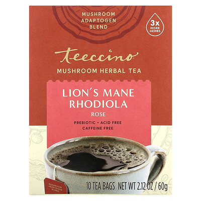 

Teeccino, Mushroom Herbal Tea, Lion's Mane Rhodiola, Rose, Caffeine Free, 10 Tea Bags, 2.12 oz (60 g)