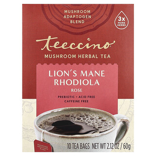 Teeccino, Chá de Ervas com Cogumelos, Rhodiola Juba-de-Leão, Rosa, Sem Cafeína, 10 Saquinhos de Chá, 60 g (2,12 oz)
