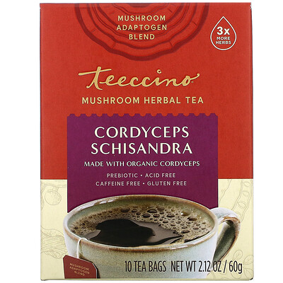Teeccino Mushroom Herbal Tea, Cordyceps Schisandra, Cinnamon Berry, Caffeine Free, 10 Tea Bags, 2.12 oz (60 g)