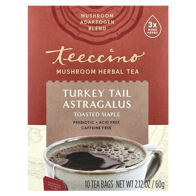 Teeccino  Mushroom Herbal Tea  Turkey Tail Astragalus  Toasted Maple  Caffeine Free  10 Tea Bags  2.12 oz (60 g)