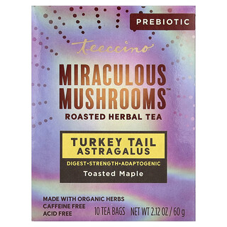 Teeccino, Miraculous Mushroom™ Roasted Herbal Tea, Turkey Tail Astragalus, Toasted Maple, Caffeine Free, 10 Tea Bags, 2.12 oz (60 g)