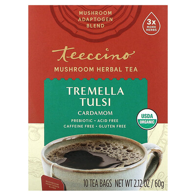 Teeccino  Mushroom Herbal Tea  Tremella Tulsi  Cardamom  Caffeine Free  10 Tea Bags  2.12 oz (60 g)