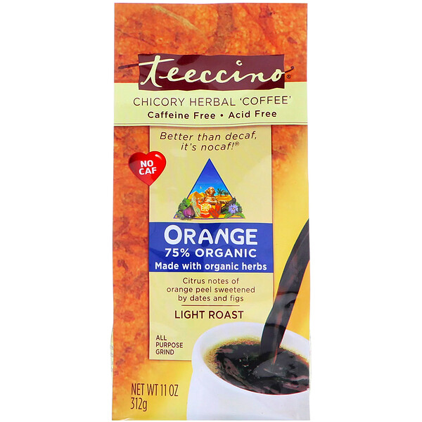 Teeccino, Травяной «кофе» с цикорием и апельсином, легкой обжарки, без кофеина, 11 унц. (312 г)