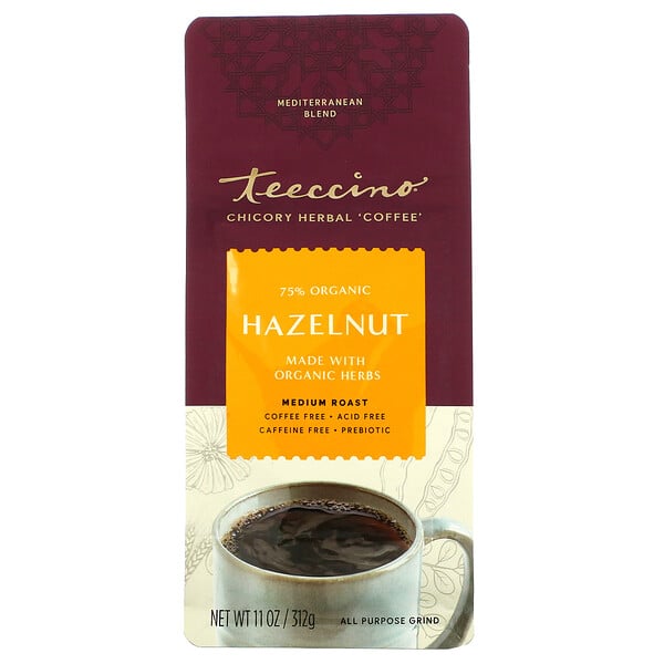 Teeccino, チコリーハーバルコーヒー、ミディアムロースト、カフェイン不使用、ヘーゼルナッツ、312g（11 oz）