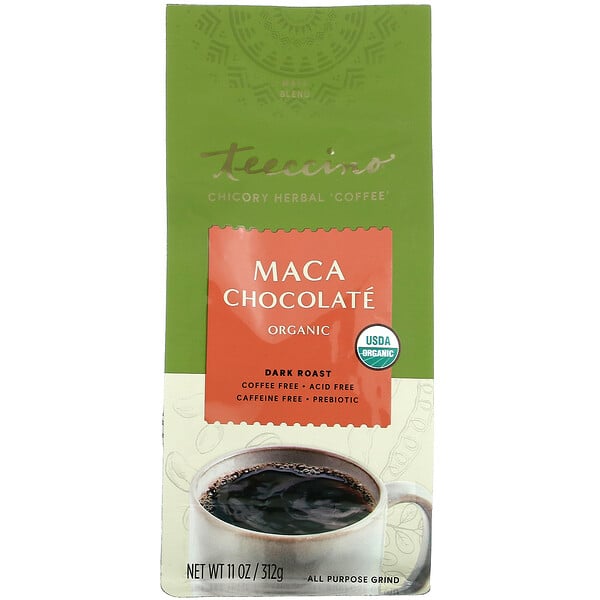 Teeccino, オーガニックチコリー・ハーバルコーヒー、マカチョコレート、ダークロースト、カフェインフリー、312 g（11 oz）