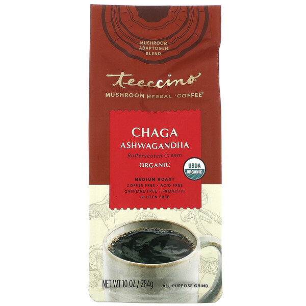 Teeccino, Mushroom Herbal Coffee, Medium Roast, Chaga Ashwagandha, Caffeine Free, 10 oz (284 g)