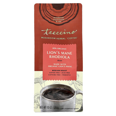 Teeccino, “Café” con hongos y hierbas, Rodiola de melena de león orgánica, Tostado medio, Sin cafeína, 284 g (10 oz)
