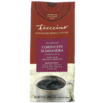Teeccino Mushroom Herbal Coffee, Cordyceps Schisandra, Cinnamon Berry, Medium Roast, Caffeine Free, 10 oz (284 g)