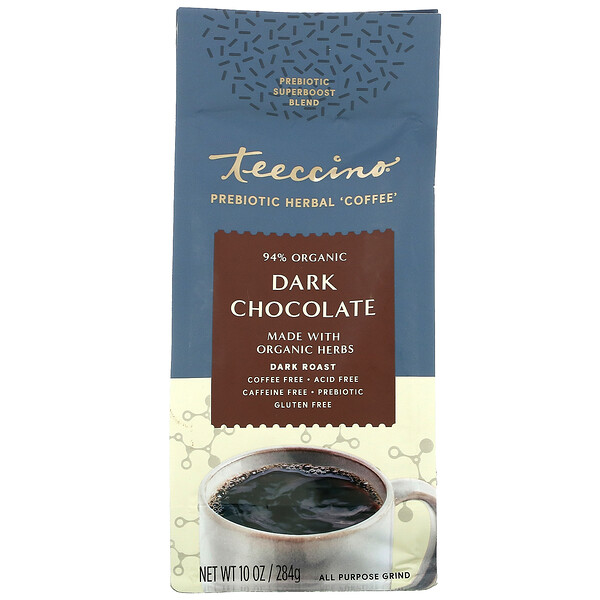 Teeccino‏, Prebiotic Herbal Coffee, Dark Roast, Caffeine Free, Dark Chocolate, 10 oz (284 g)
