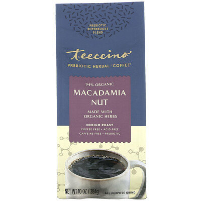 Teeccino Prebiotic Herbal Coffee, Medium Roast, Caffeine Free, Macadamia Nut, 10 oz (284 g)