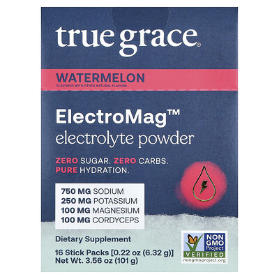 True Grace, ElectroMag™, Electrolitos en polvo, Sandía, 16 sobrecitos, 6,32 g (0,22 oz) cada uno