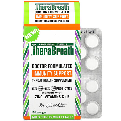 TheraBreath Поддержка иммунитета, Пищевая добавка для здоровья горла, мягкая цитрусовая мята, 10 леденцов