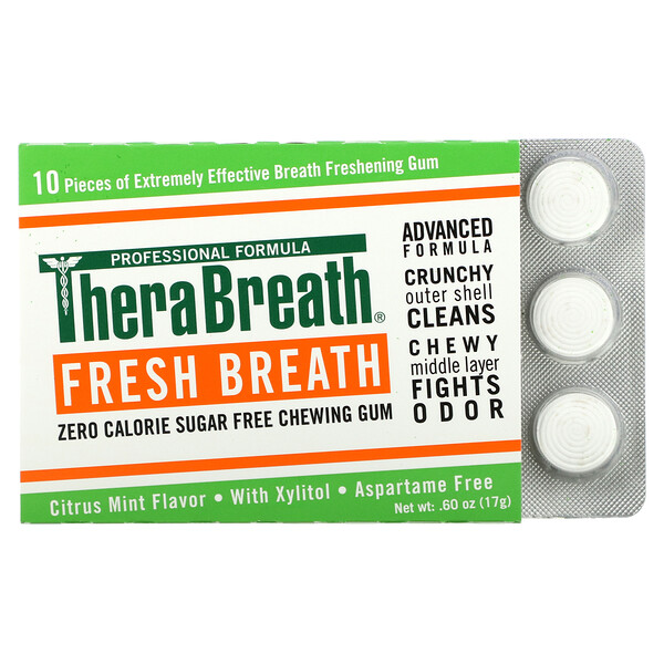 TheraBreath‏, מסטיק לרענון נשימה, ללא סוכר, פירות הדר ומנטה, 6 חבילות, 10 יחידות בכל אחת