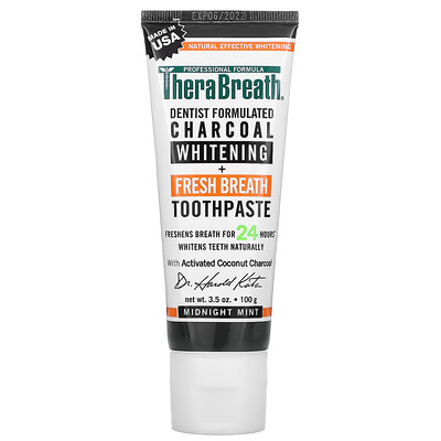 TheraBreath Отбеливающий уголь + зубная паста Fresh Breath, Midnight Mint, 3,5 унции (100 г)