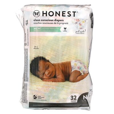 Купить The Honest Company Honest, подгузники для новорожденных, менее 4, 5 кг (10 фунтов), цветущая роза, 32 подгузника
