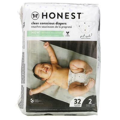 The Honest Company Honest, подгузники, размер 2, 5,4–8 кг (12–18 фунтов), 32 шт.